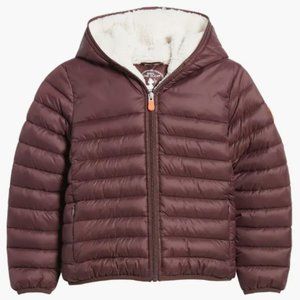 Save the Duck Kids' Leci Water Repellent Puffer Jacket Faux Fur Burgundy NWT